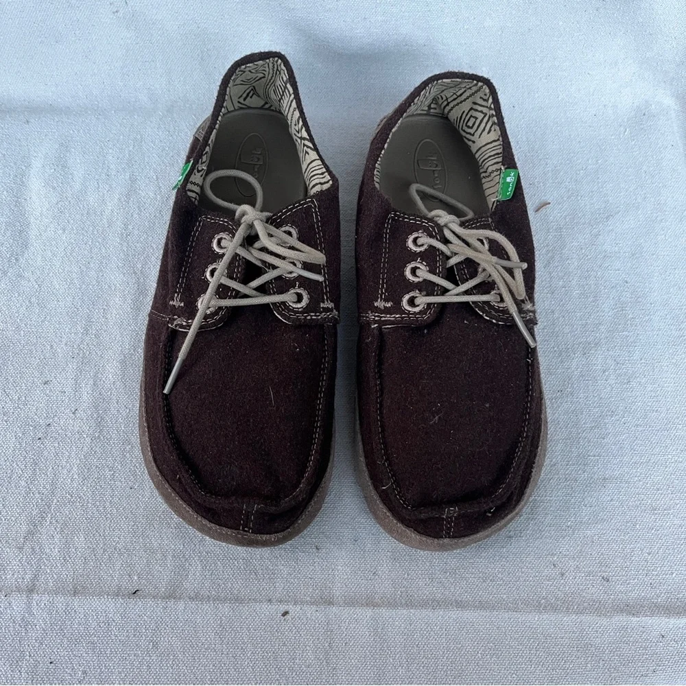 EUC Sanuk Mainsteez Men's Boat Shoes Brown Wool Suede Textile Casual Slip Ons
